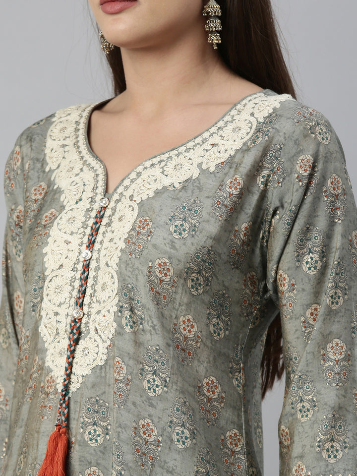 Neerus Grey muslin straight kurta set - detail view 5