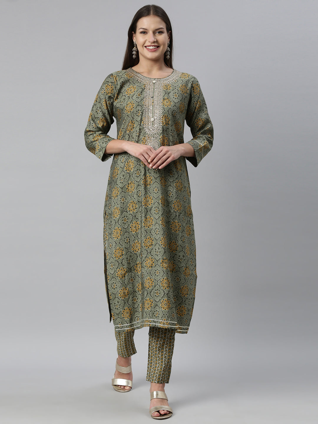 Neerus Green Color Muslin Fabric Kurta Set