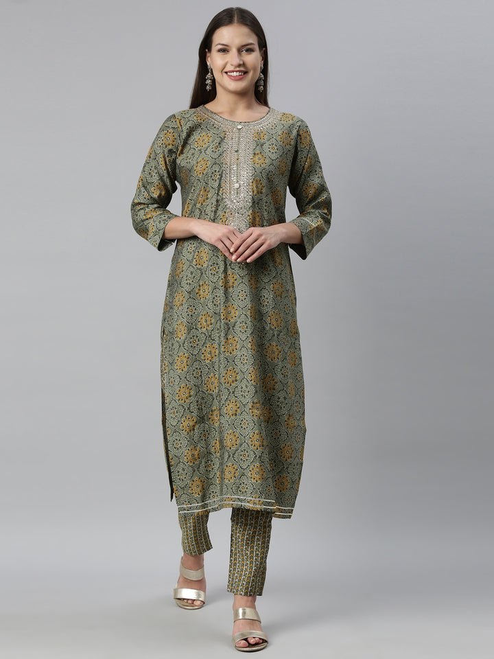 Neerus Green Color Muslin Fabric Kurta Set