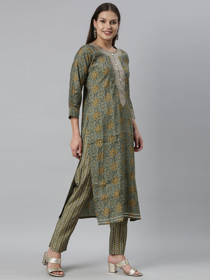 Neerus Green Color Muslin Fabric Kurta Set