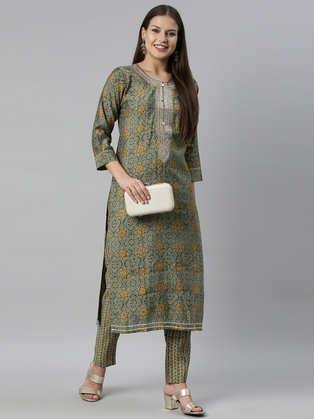Neerus Green Color Muslin Fabric Kurta Set