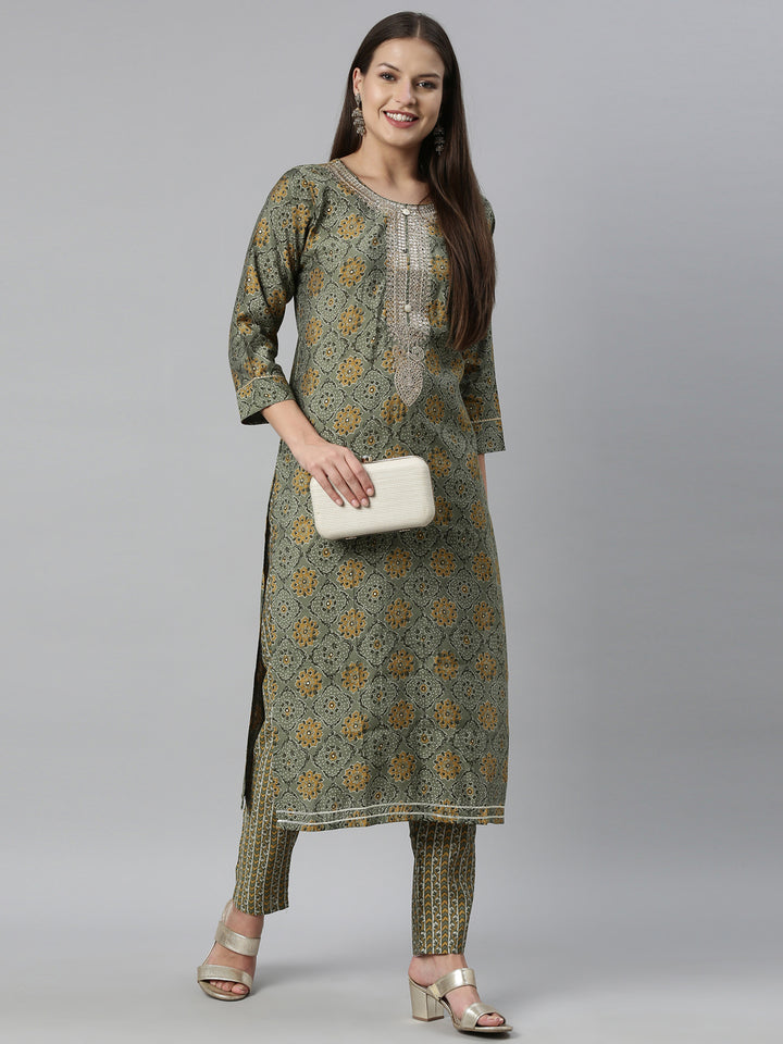 Neerus Green Color Muslin Fabric Kurta Set