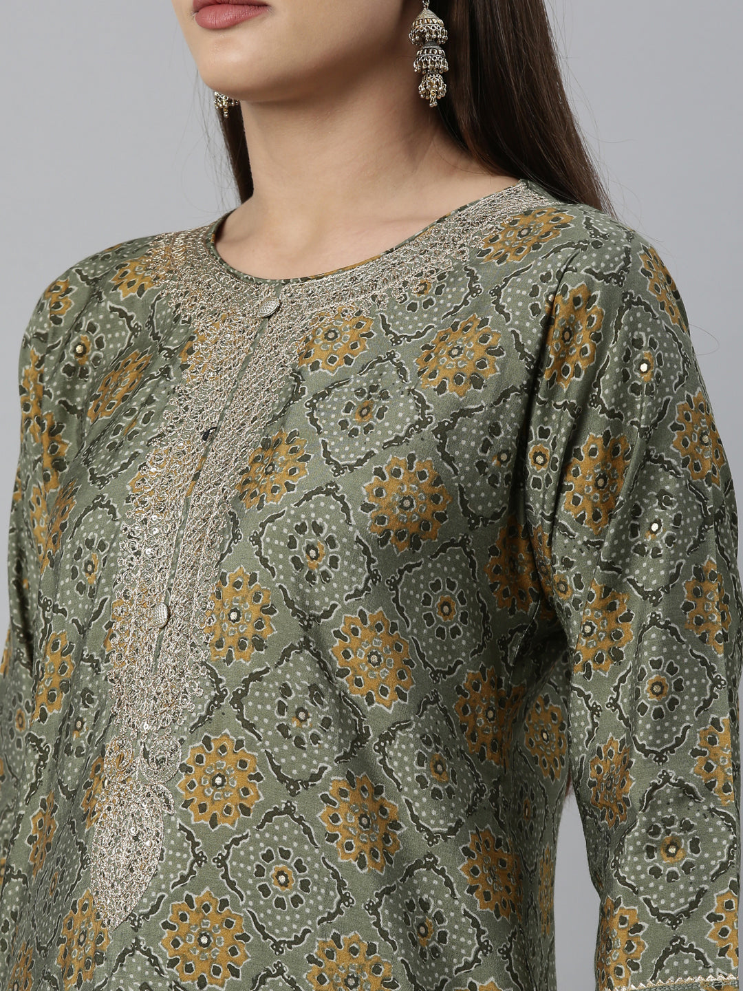 Neerus Green Color Muslin Fabric Kurta Set