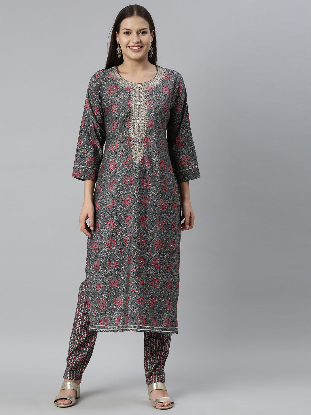 Neerus Grey Color Muslin Fabric Kurta Set