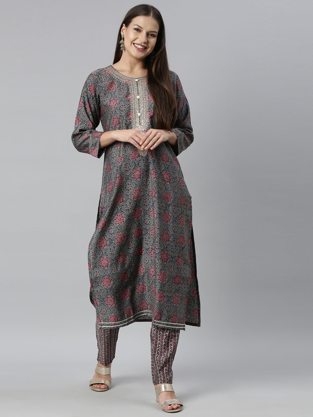 Neerus Grey Color Muslin Fabric Kurta Set