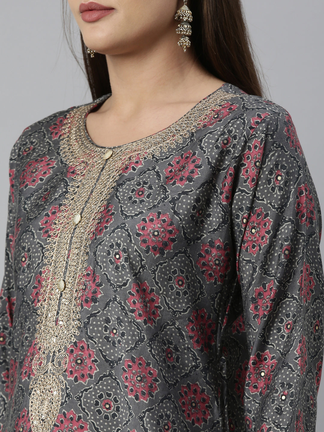 Neerus Grey Color Muslin Fabric Kurta Set