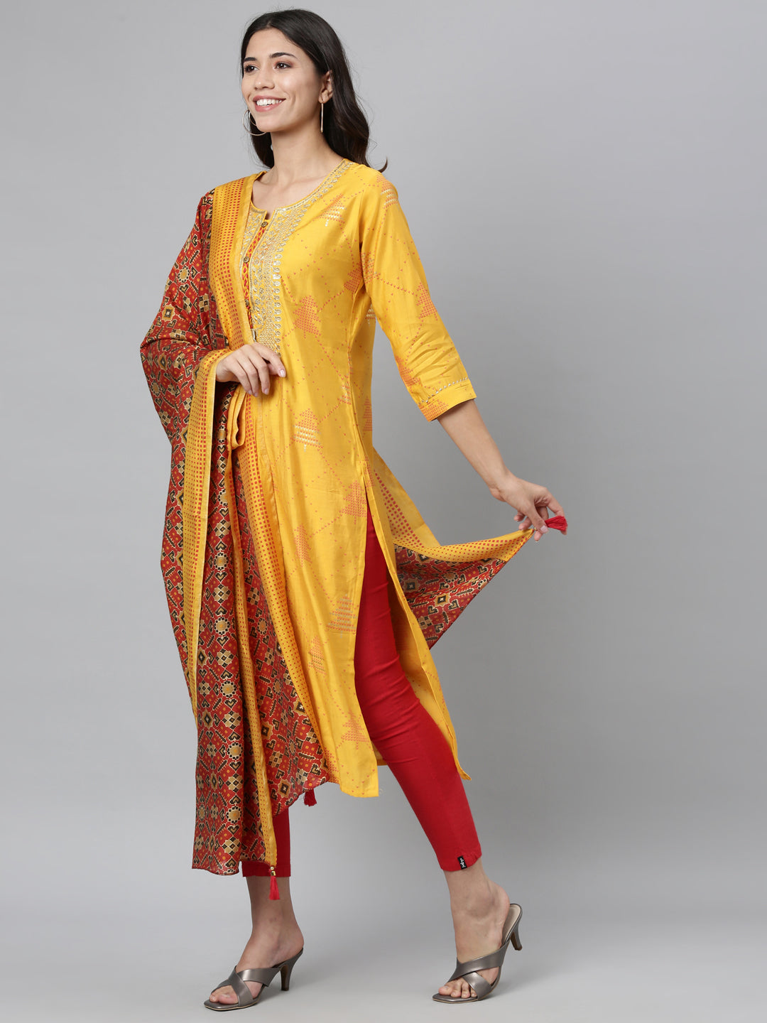 Neerus Yellow modal embellished kurta set - detail view 2