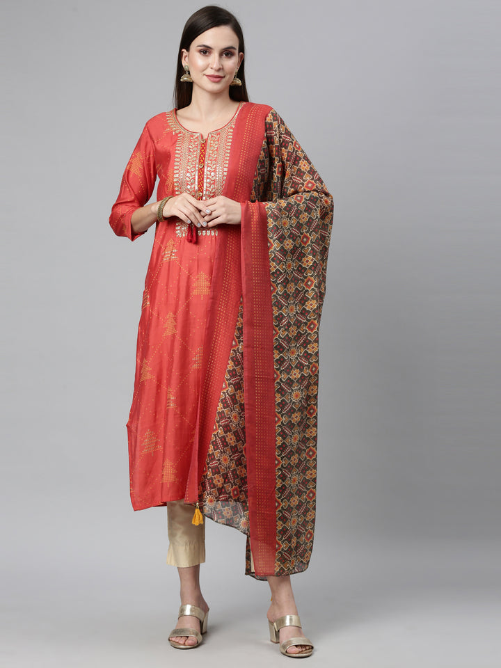 Neerus Brown modal printed straight kurti with ethnic motifs - detail view 6