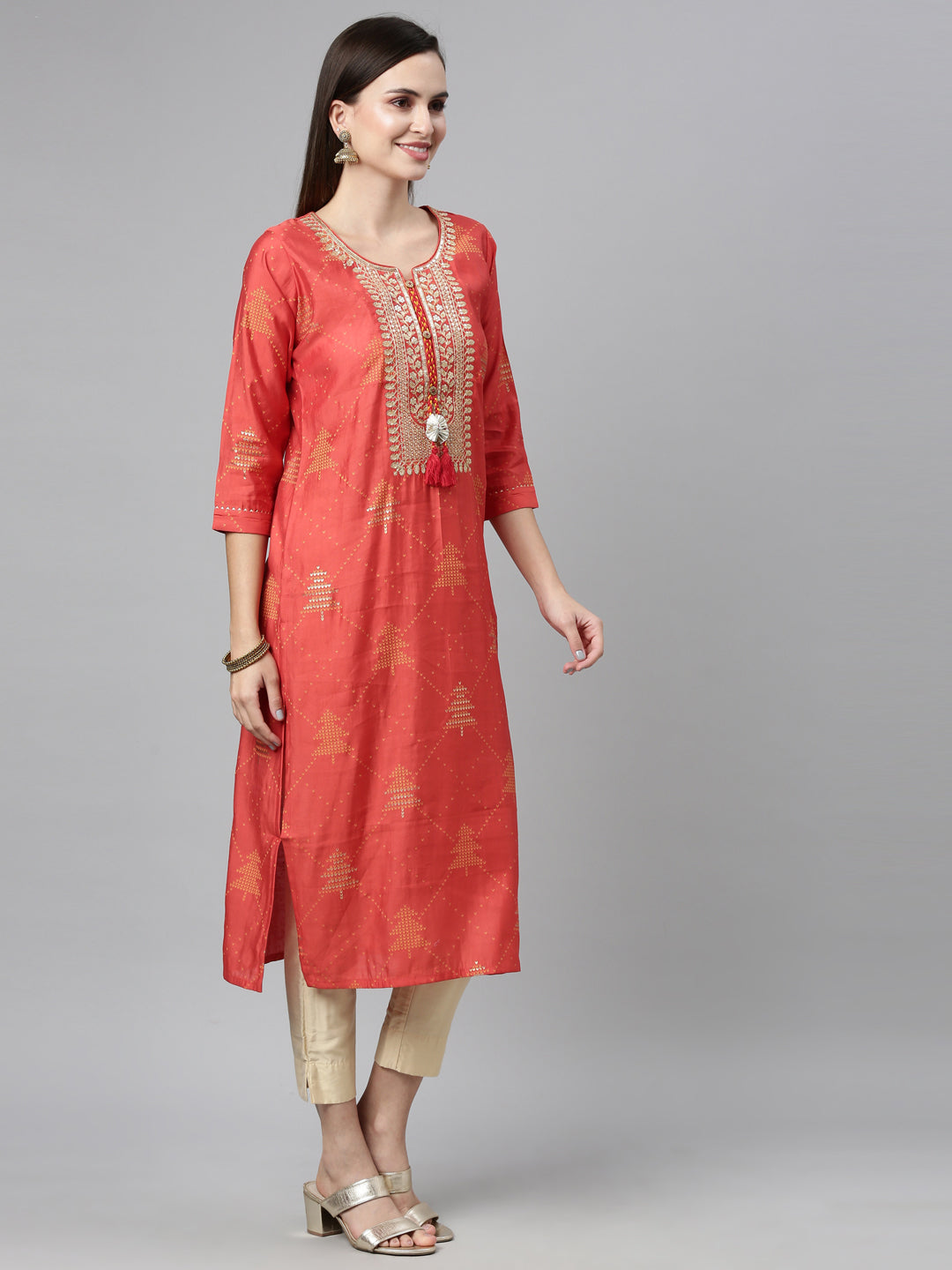 Neerus Brown modal printed straight kurti with ethnic motifs - front view