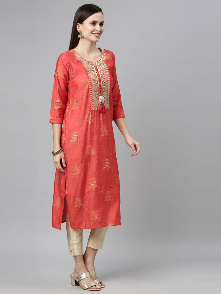 Neerus Brown modal printed straight kurti with ethnic motifs - front view