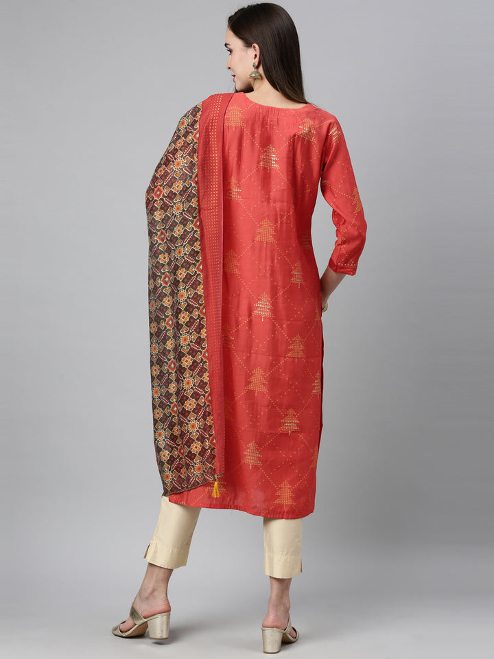 Neerus Brown modal printed straight kurti with ethnic motifs - back view