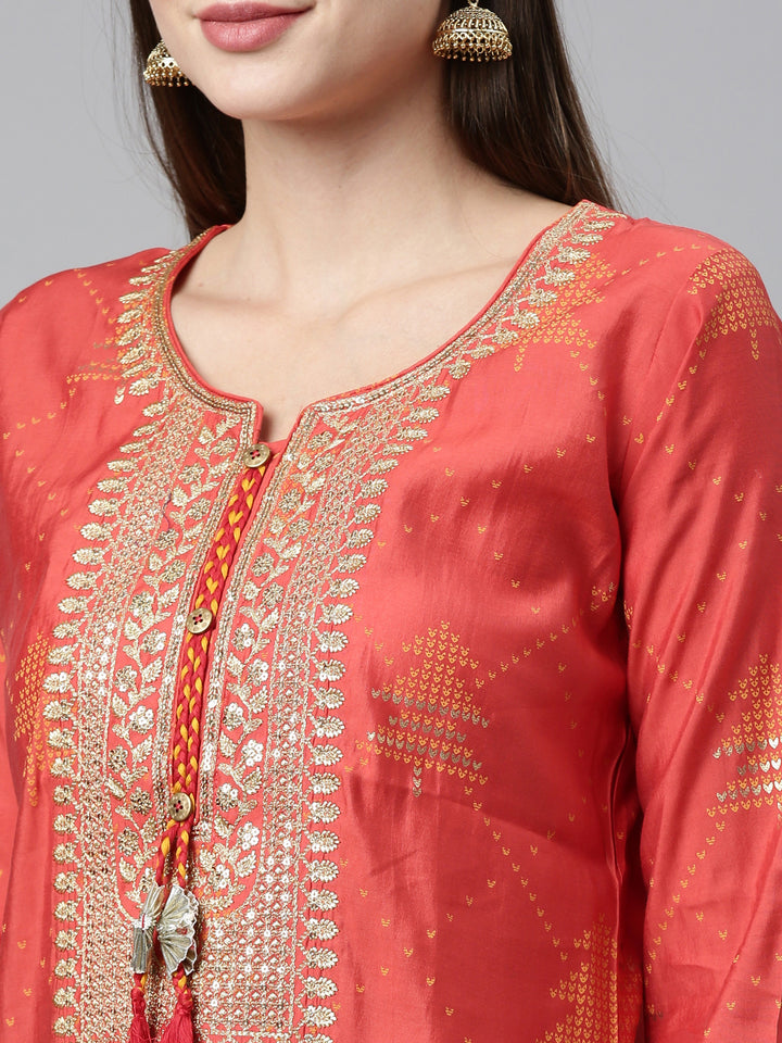 Neerus Brown modal printed straight kurti with ethnic motifs - side view
