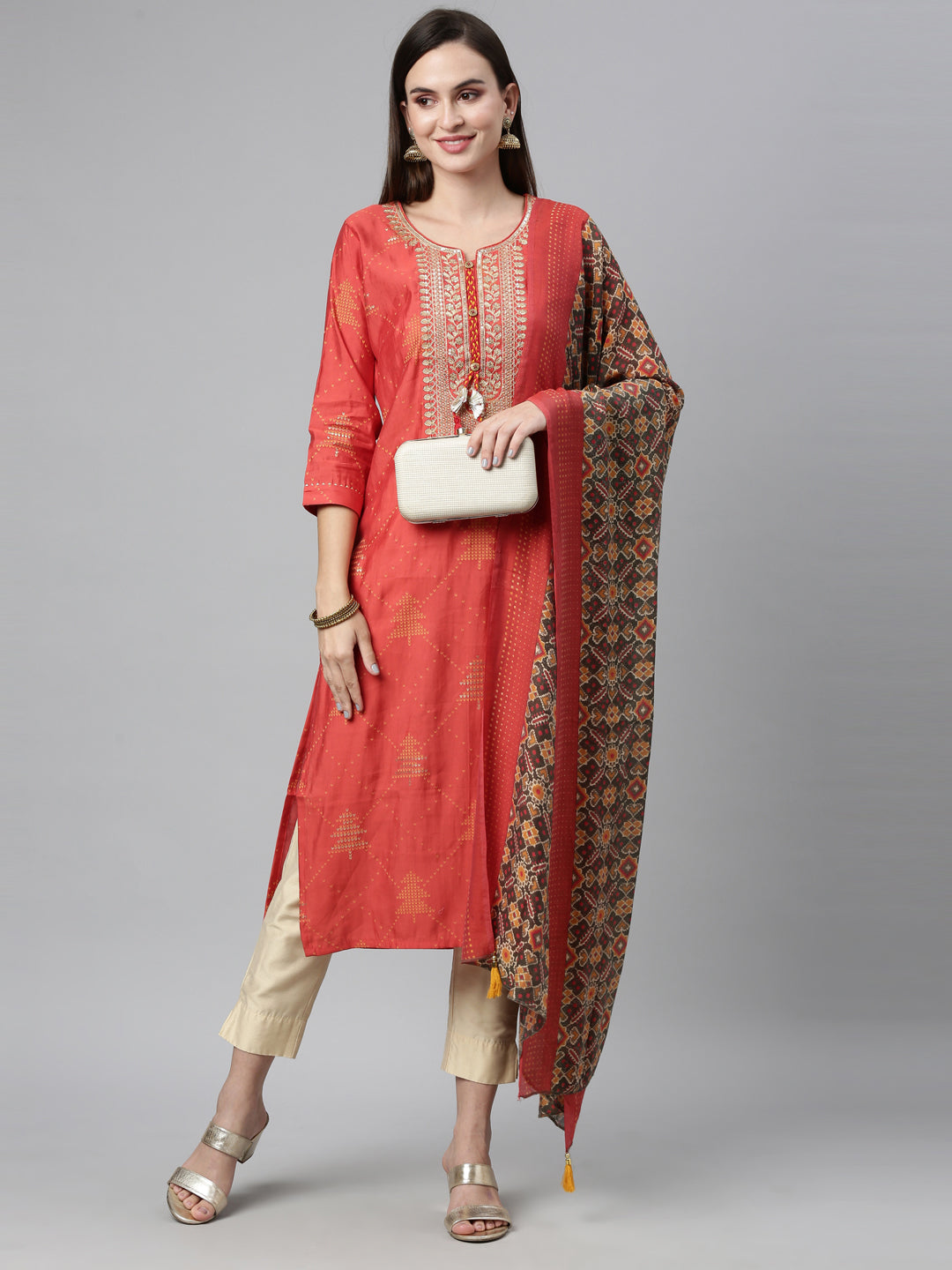 Neerus Brown modal printed straight kurti with ethnic motifs - detail view 1