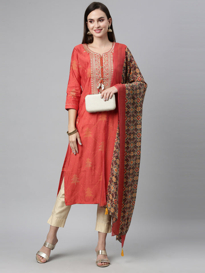 Neerus Brown modal printed straight kurti with ethnic motifs - detail view 1