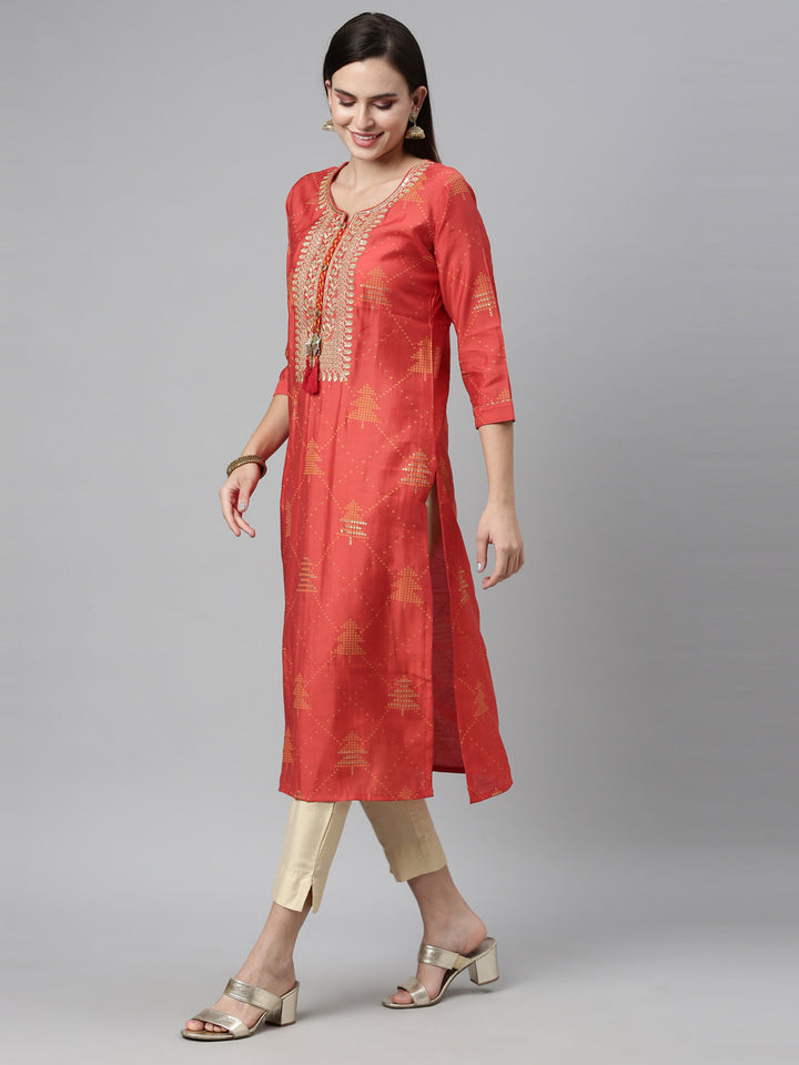 Neerus Brown modal printed straight kurti with ethnic motifs - detail view 2