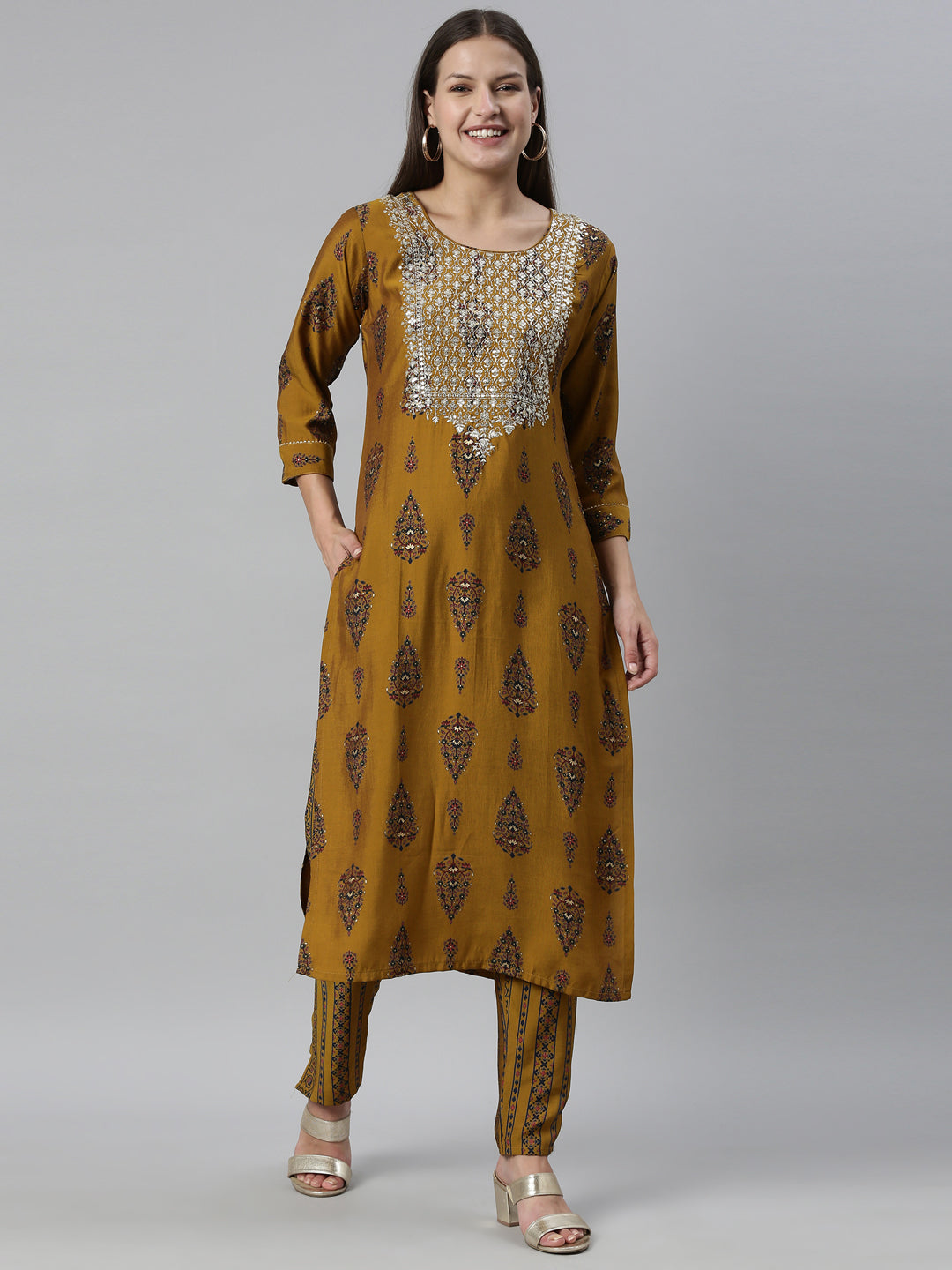 Neerus Gold modal printed kurta set - front view