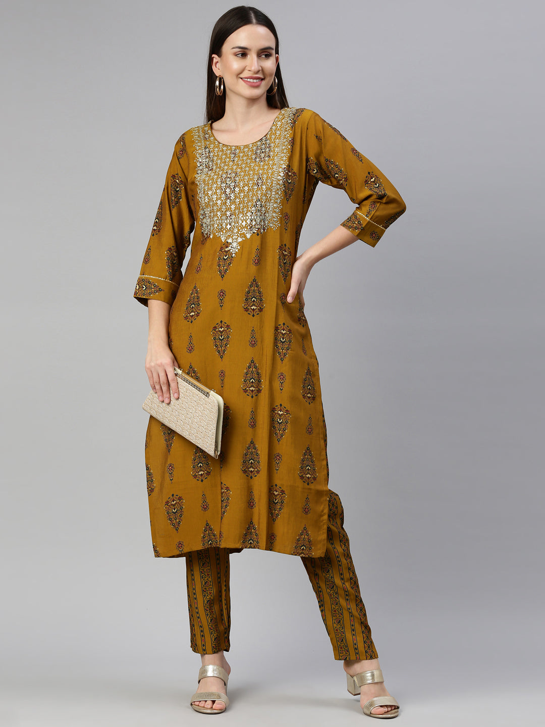 Neeru'S Gold Color Model Fabric Kurta Set