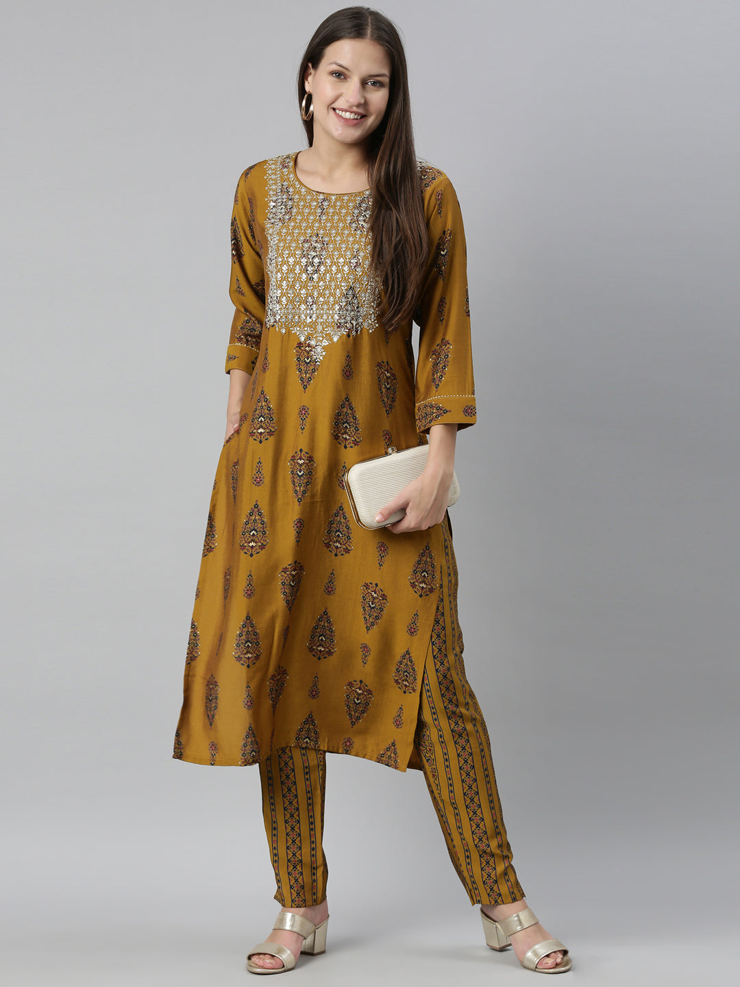 Neeru'S Gold Color Model Fabric Kurta Set