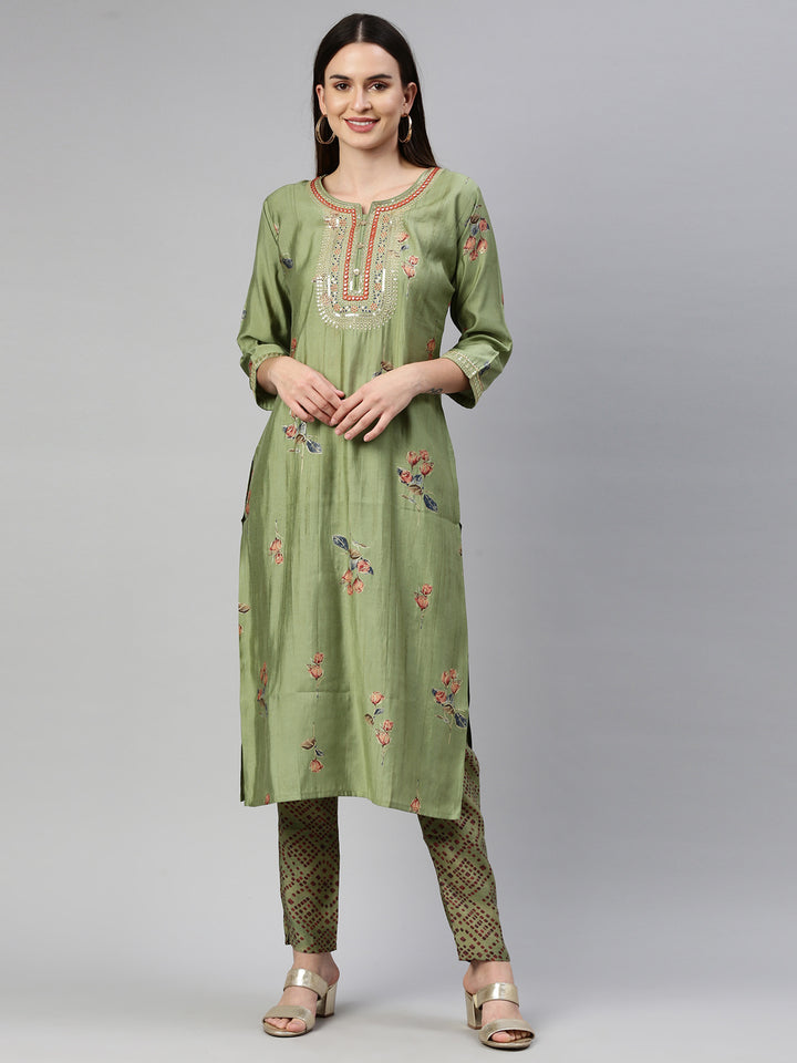 Neerus Pista Color Satin Silk Fabric Kurta Set