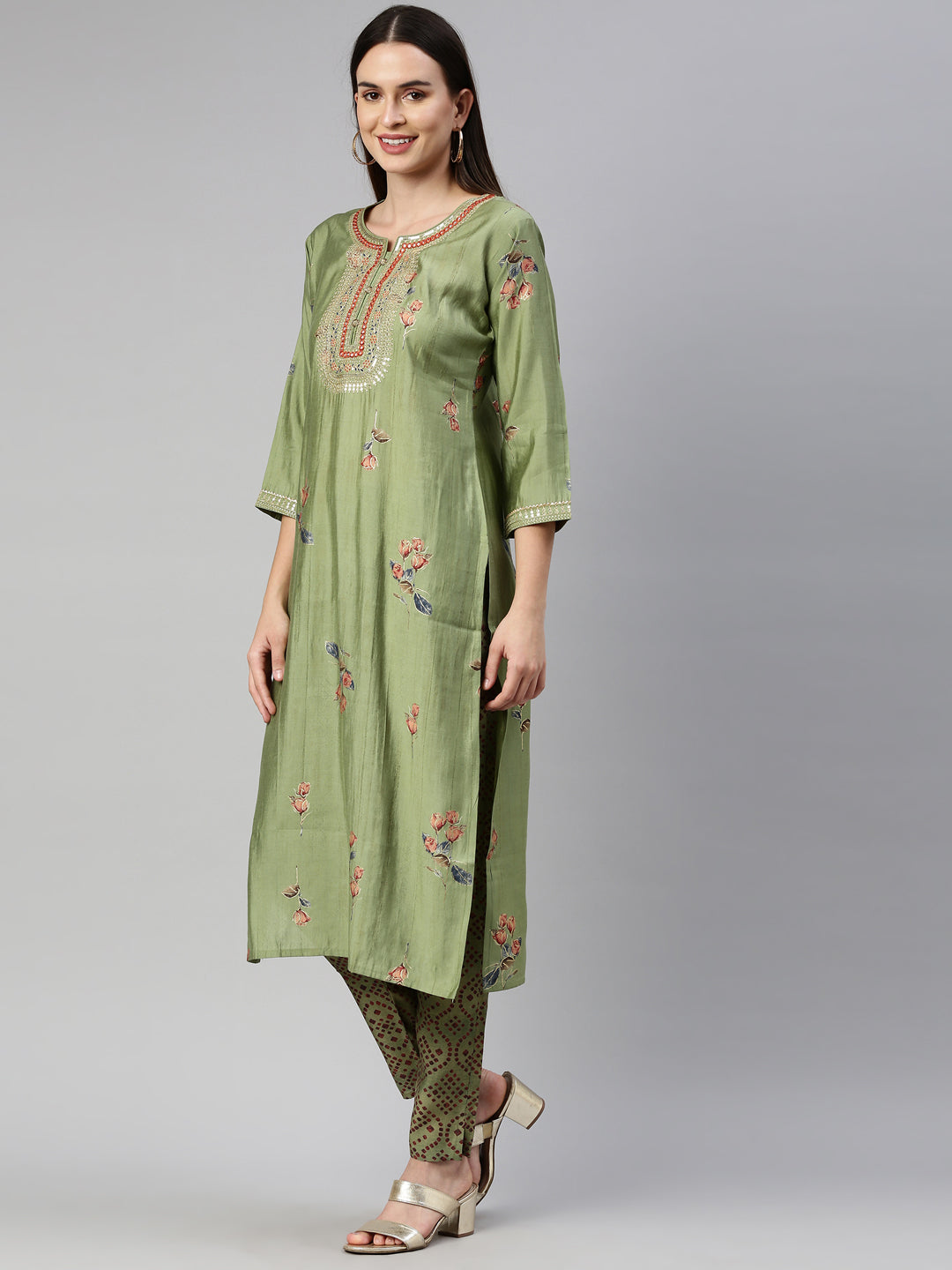 Neeru'S Pista Color Satin Silk Fabric Kurta Set