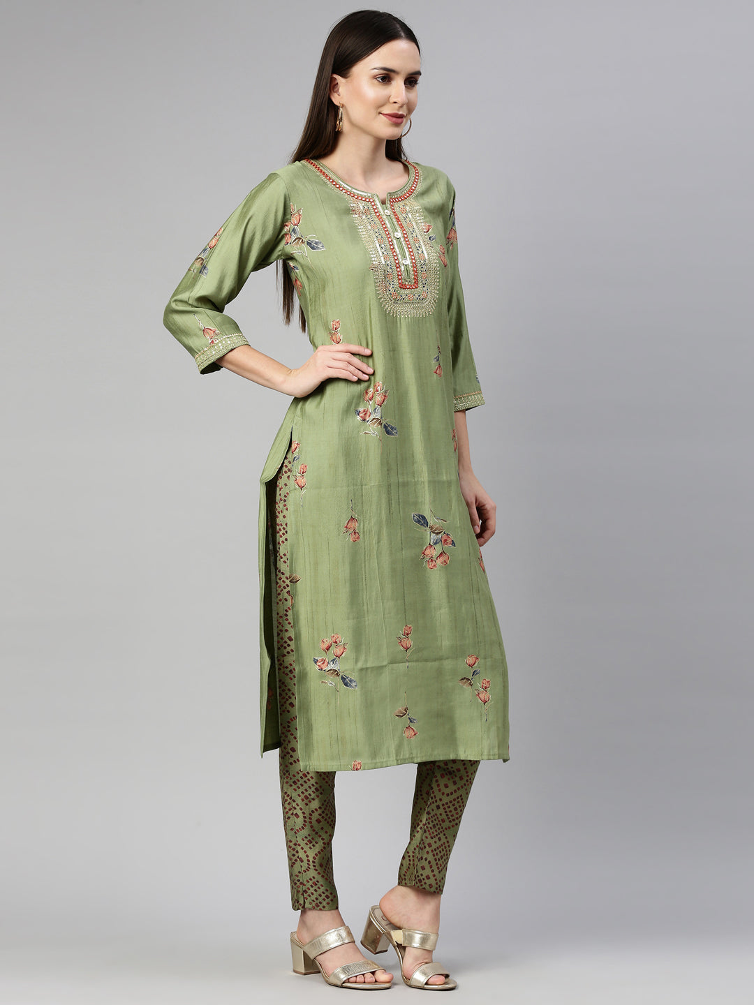 Neerus Pista Color Satin Silk Fabric Kurta Set