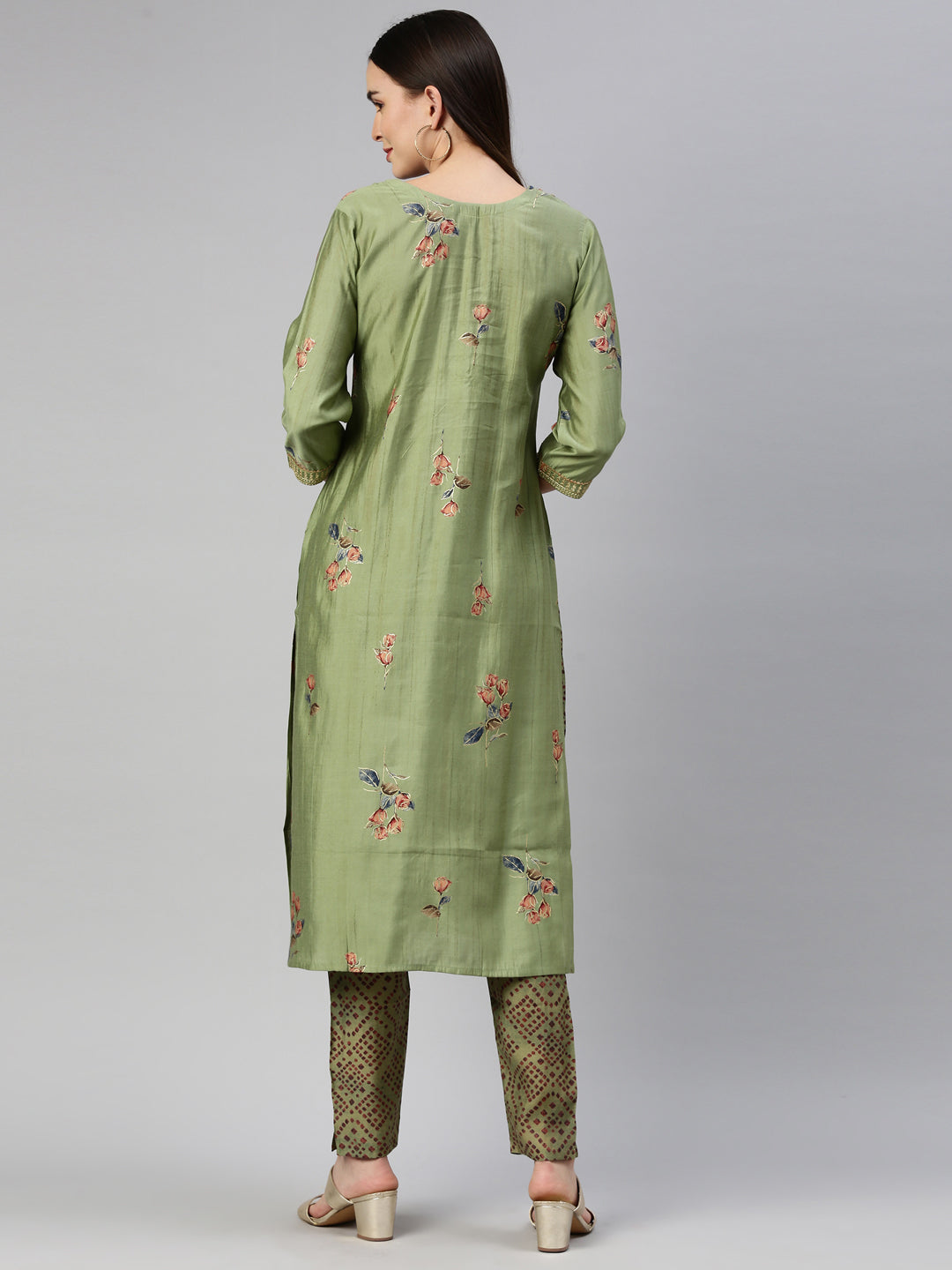 Neeru'S Pista Color Satin Silk Fabric Kurta Set