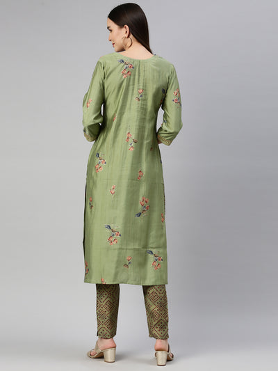 Neeru'S Pista Color Satin Silk Fabric Kurta Set