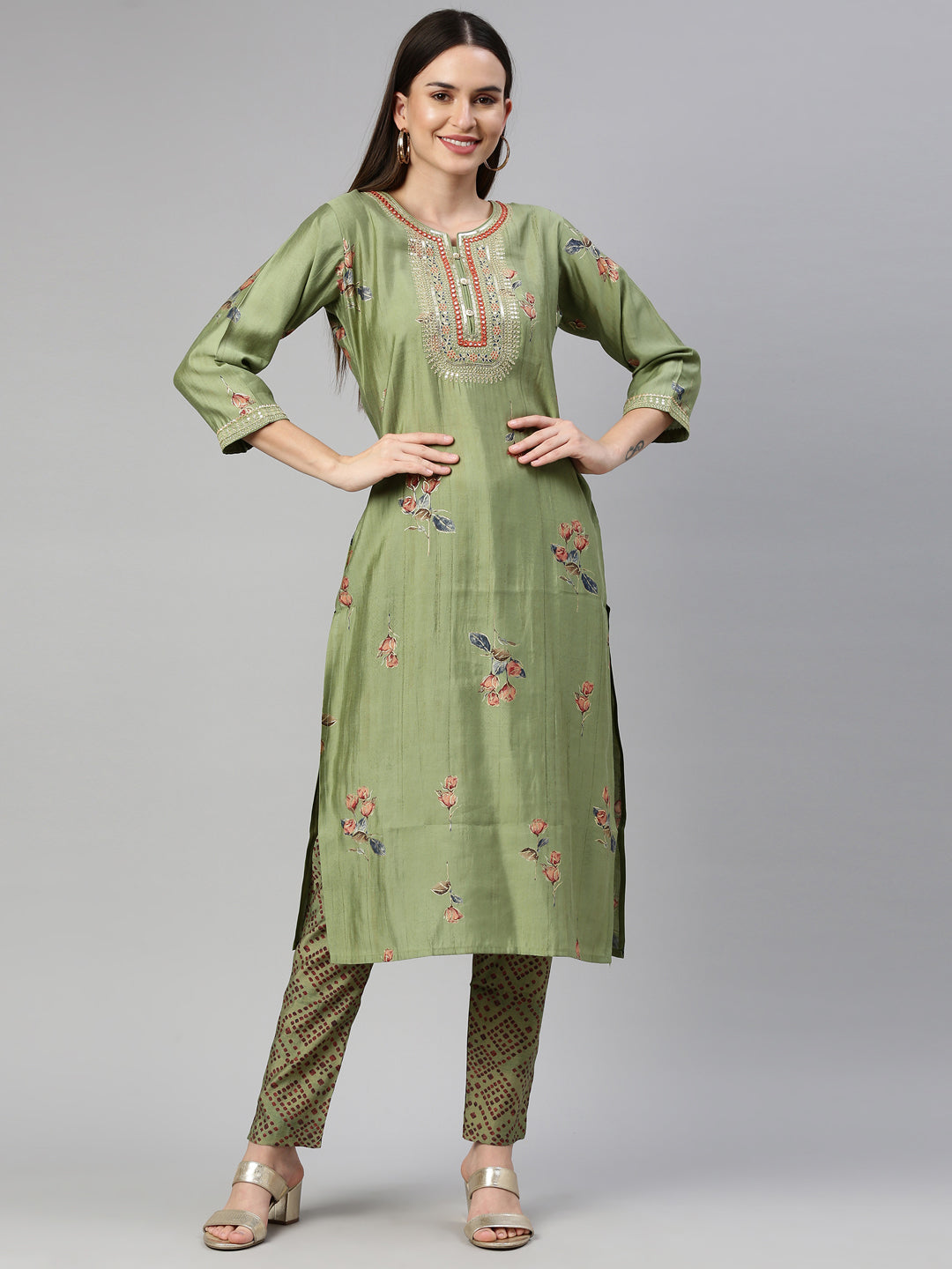 Neeru'S Pista Color Satin Silk Fabric Kurta Set
