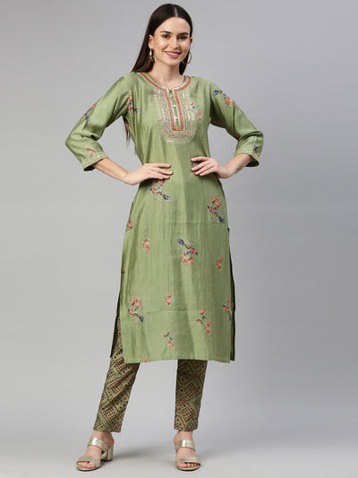 Neeru'S Pista Color Satin Silk Fabric Kurta Set
