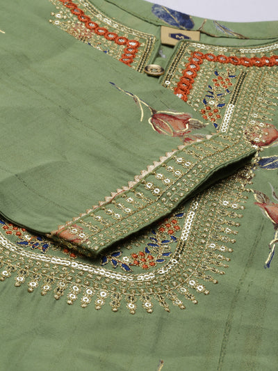 Neeru'S Pista Color Satin Silk Fabric Kurta Set