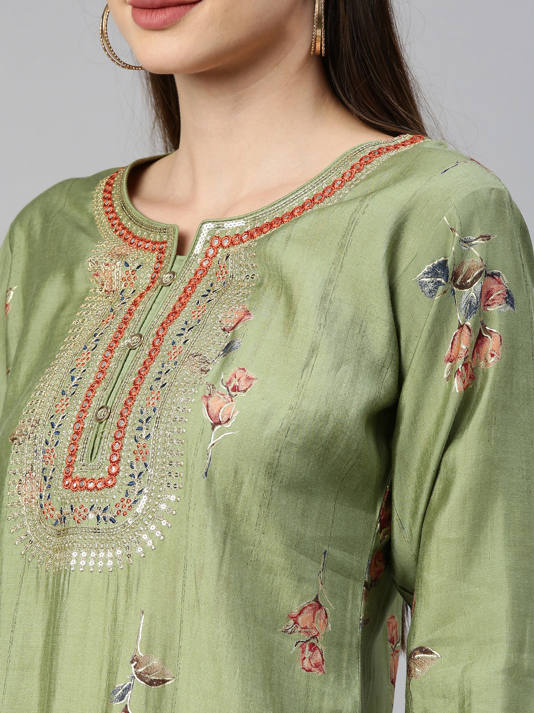 Neeru'S Pista Color Satin Silk Fabric Kurta Set