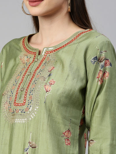 Neeru'S Pista Color Satin Silk Fabric Kurta Set