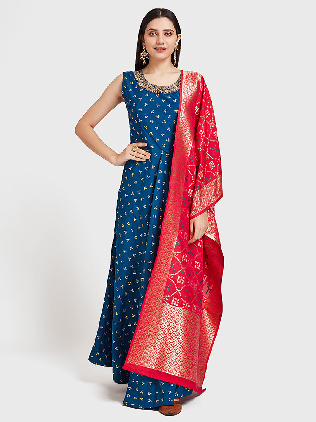 Neerus Pink & Blue Zari Lehenga Set