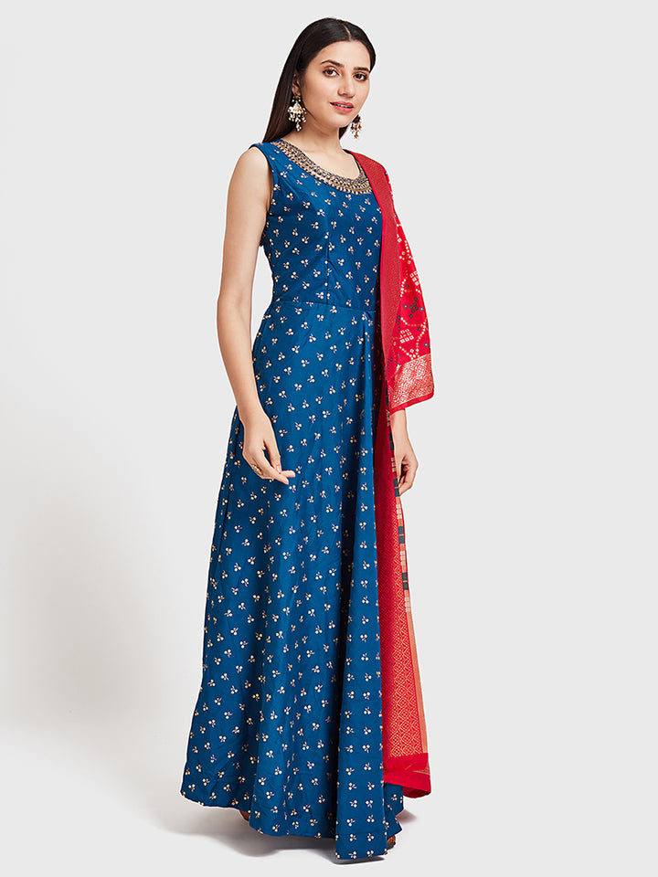 Neerus Pink & Blue Zari Lehenga Set