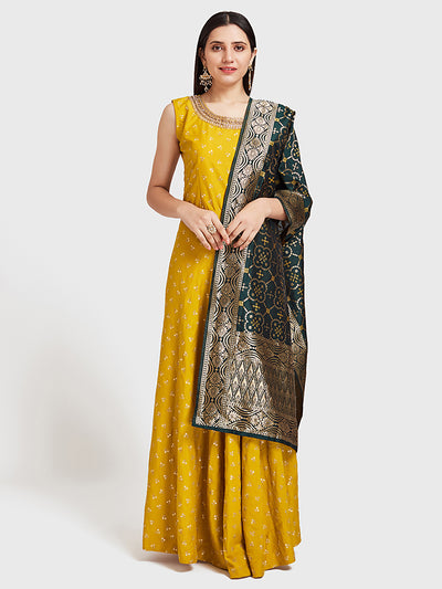 Neeru's Yellow & Green Embellished Anarkali Kurta With Dupatta