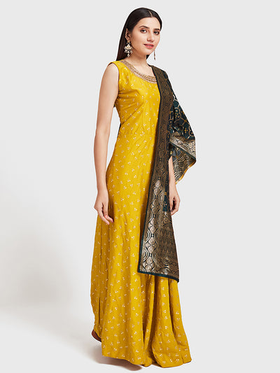 Neeru's Yellow & Green Embellished Anarkali Kurta With Dupatta