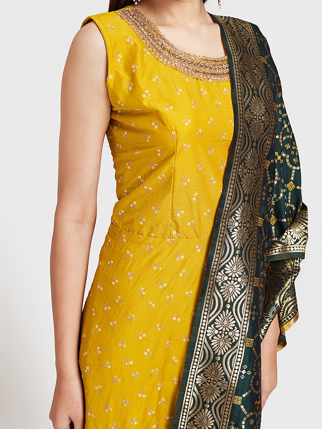 Neeru's Yellow & Green Embellished Anarkali Kurta With Dupatta