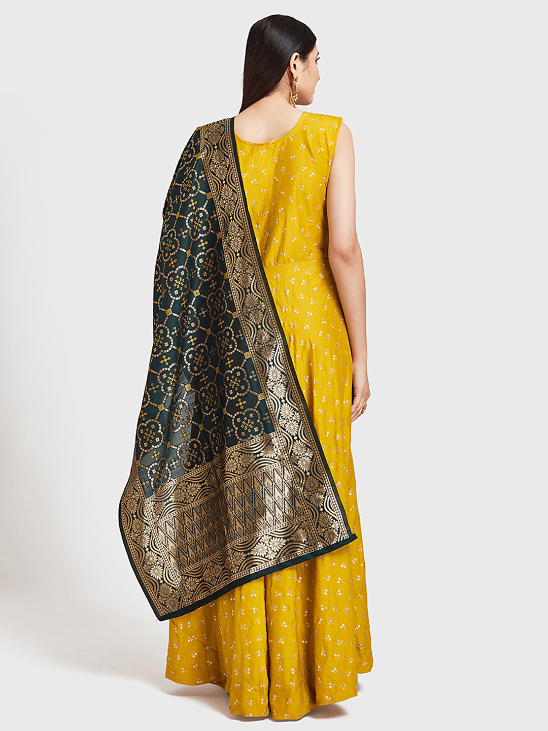 Neeru's Yellow & Green Embellished Anarkali Kurta With Dupatta