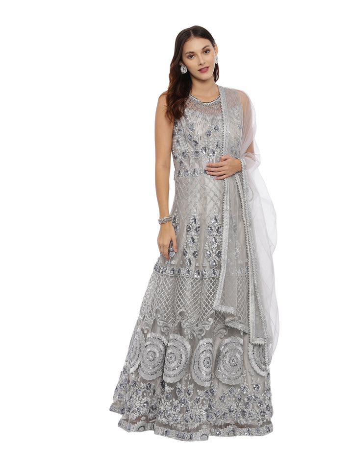 Neerus Grey Embellished Anarkali Kurta With Dupatta