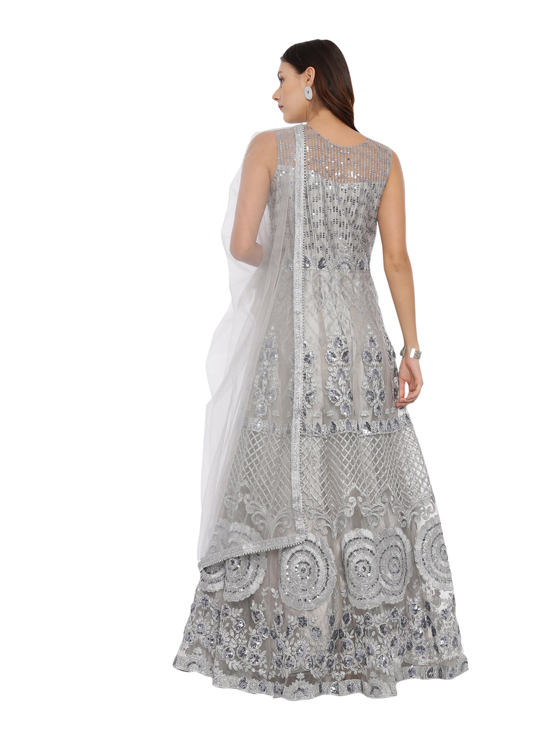 Neerus Grey Embellished Anarkali Kurta With Dupatta