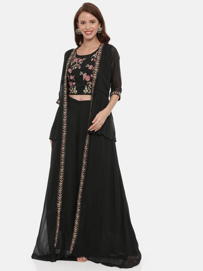 Neeru's Black Embroidered Top & Skirt Set With Shrug