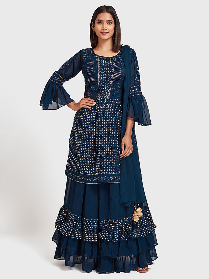 Neerus Blue Embellished Kurta With Skirt & Dupatta