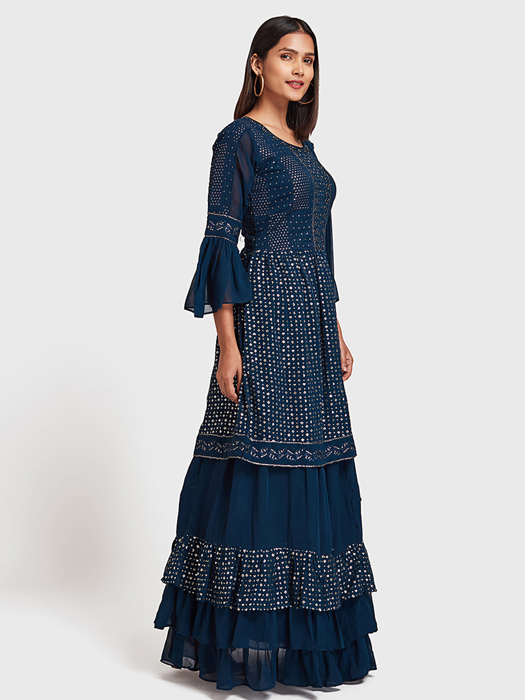 Neerus Blue Embellished Kurta With Skirt & Dupatta