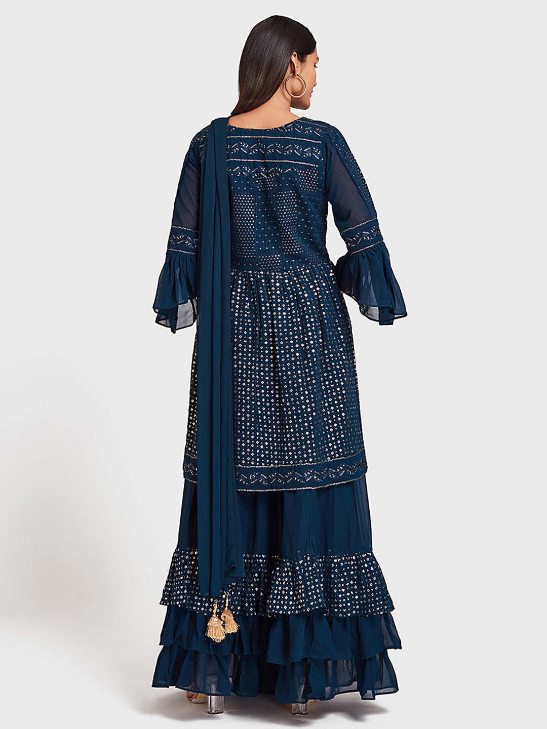 Neerus Blue Embellished Kurta With Skirt & Dupatta
