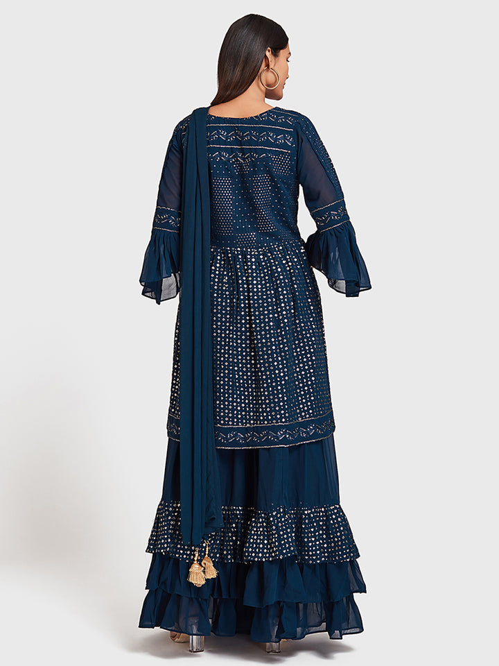 Neerus Blue Embellished Kurta With Skirt & Dupatta
