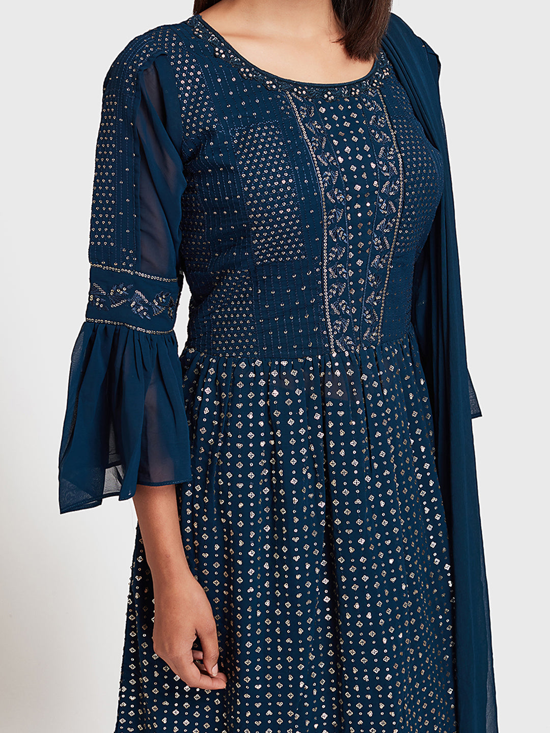 Neerus Blue Embellished Kurta With Skirt & Dupatta