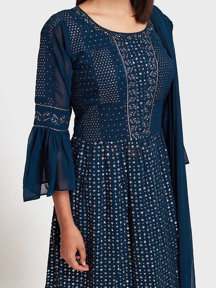 Neerus Blue Embellished Kurta With Skirt & Dupatta