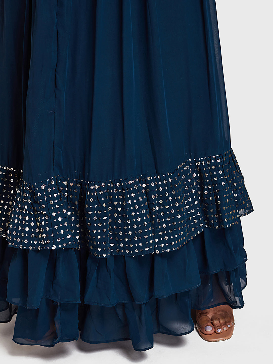Neerus Blue Embellished Kurta With Skirt & Dupatta