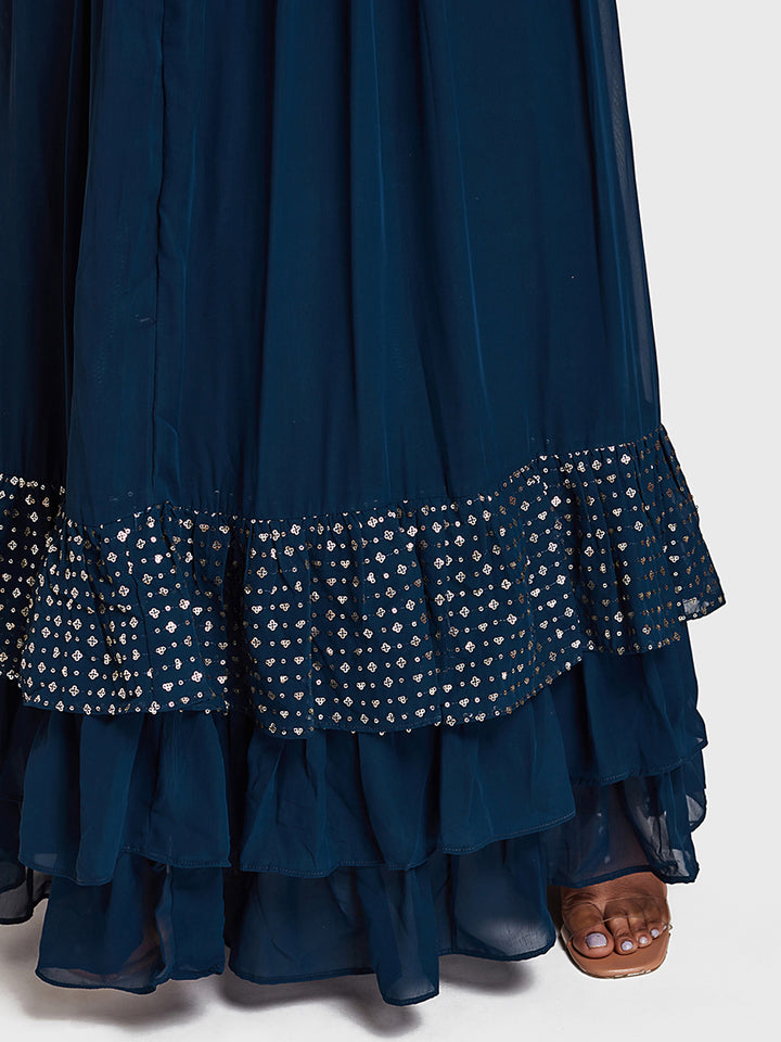 Neerus Blue Embellished Kurta With Skirt & Dupatta