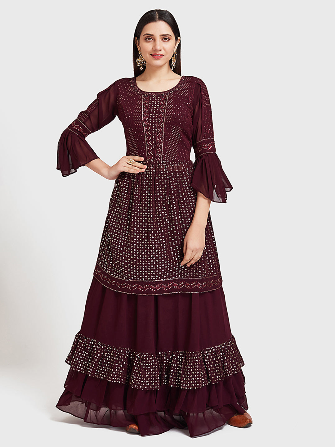 Neerus Maroon georgette co-ord suit skirt set - detail view 4